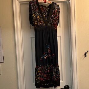 Black Silk Scarf with Red and Gold Accents